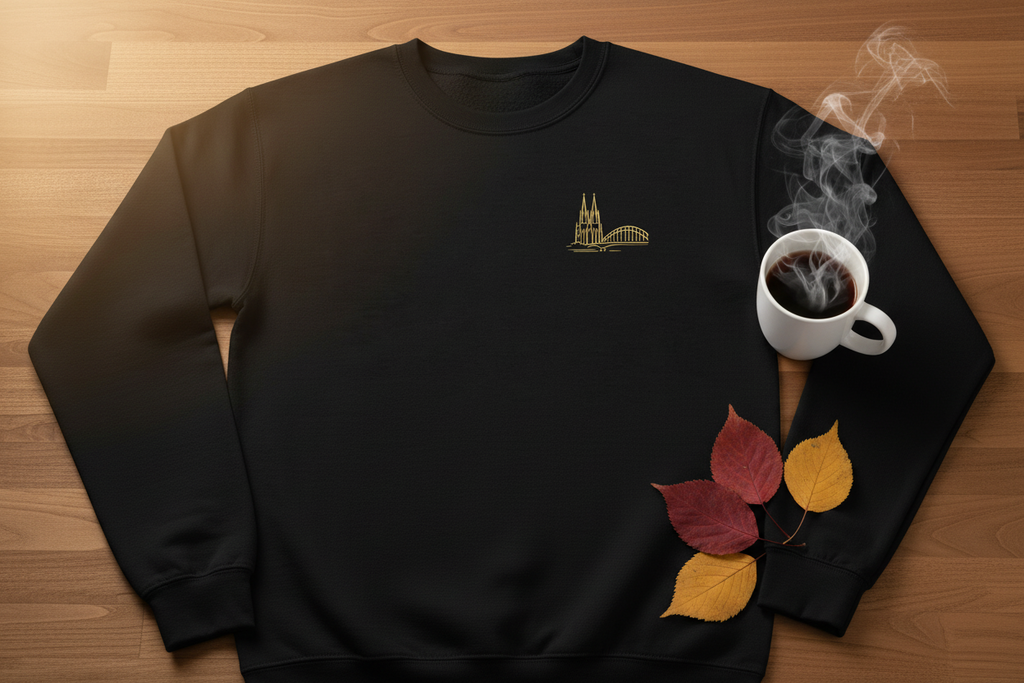 Köln Cathedral Crewneck Sweatshirt with Coffee - Cozy Lifestyle Photography Premium Quality

