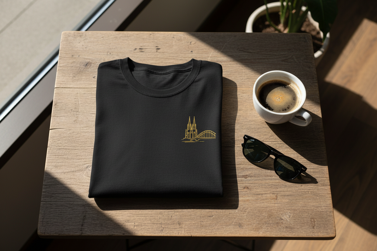 Black t-shirt with a gold design on a wooden table with a cup of coffee and sunglasses.