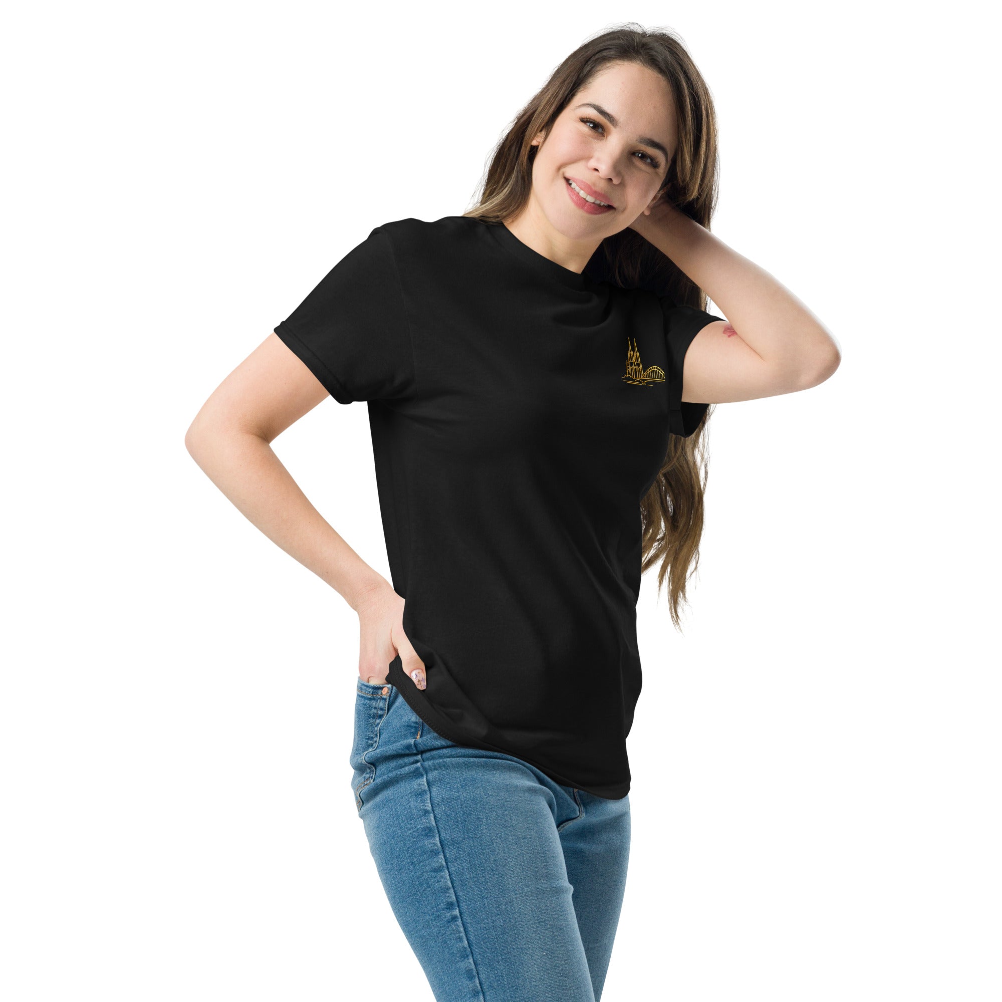 Woman wearing a black t-shirt with a logo and blue jeans on a white background