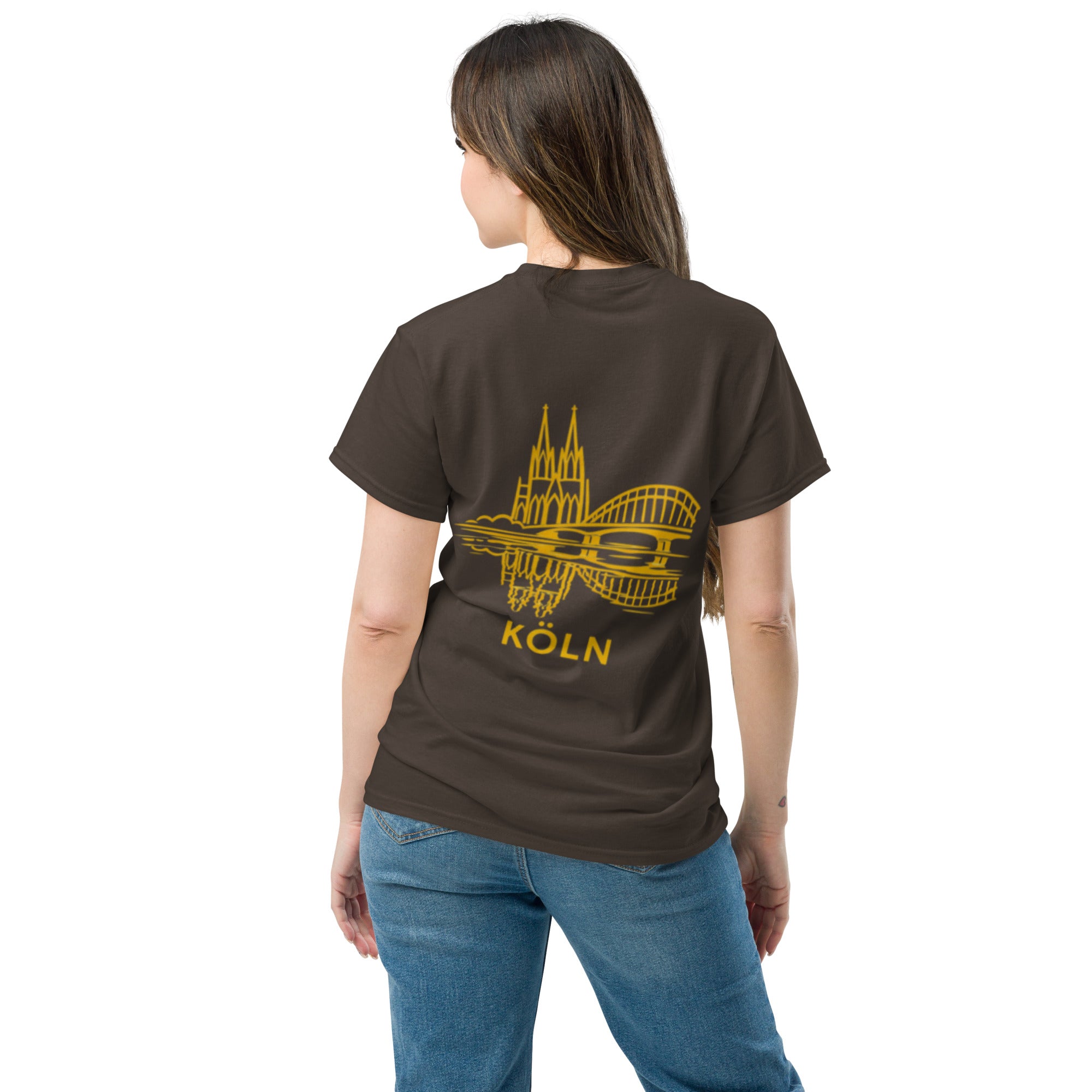 Person wearing a brown t-shirt with yellow 'KOLN' design on the back, standing against a white background