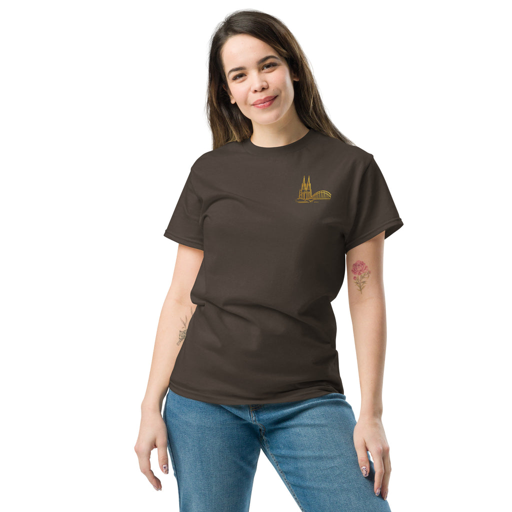 Woman wearing a brown t-shirt with a logo on a white background