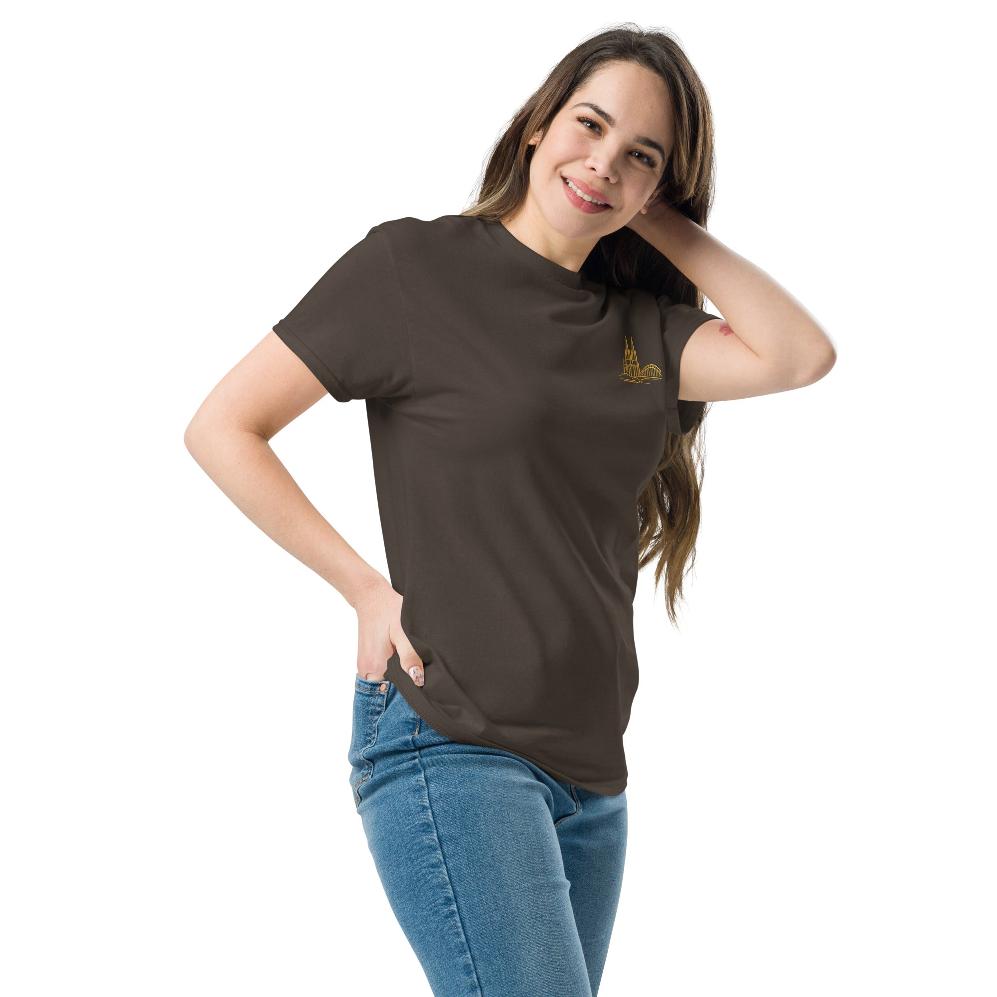 Woman wearing a brown t-shirt with a logo on a white background