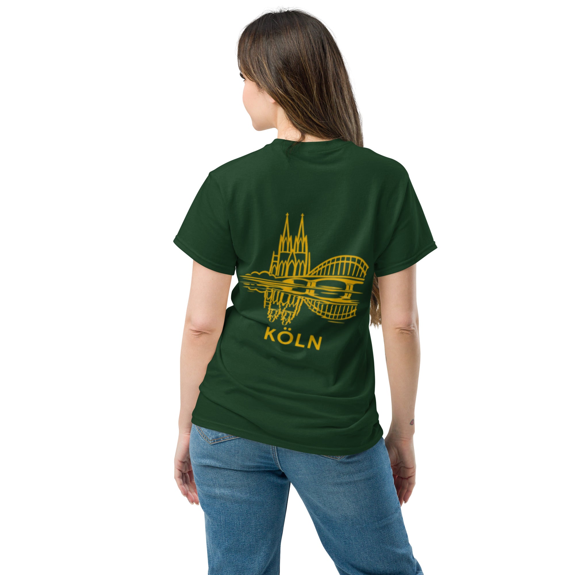 Person wearing a green t-shirt with yellow design and 'Köln' text on the back, standing against a white background