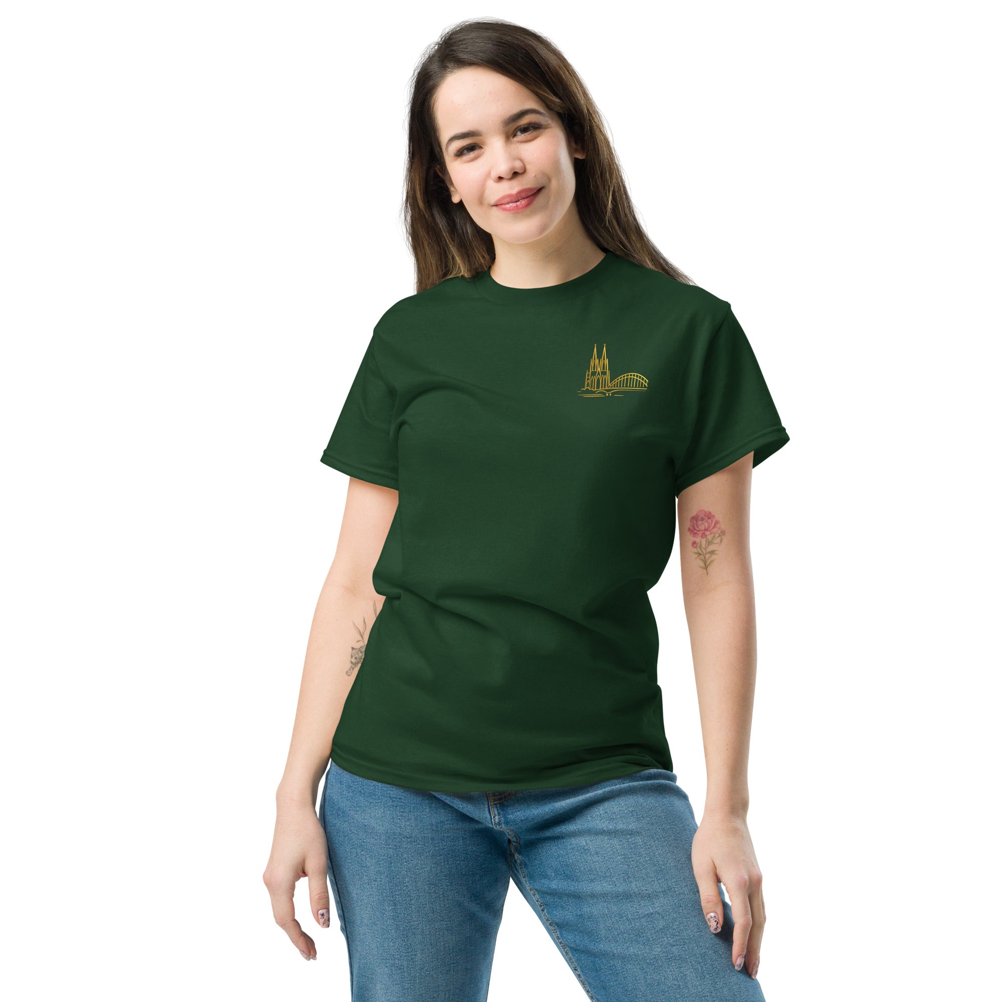 Woman wearing a green t-shirt with a small logo on a white background