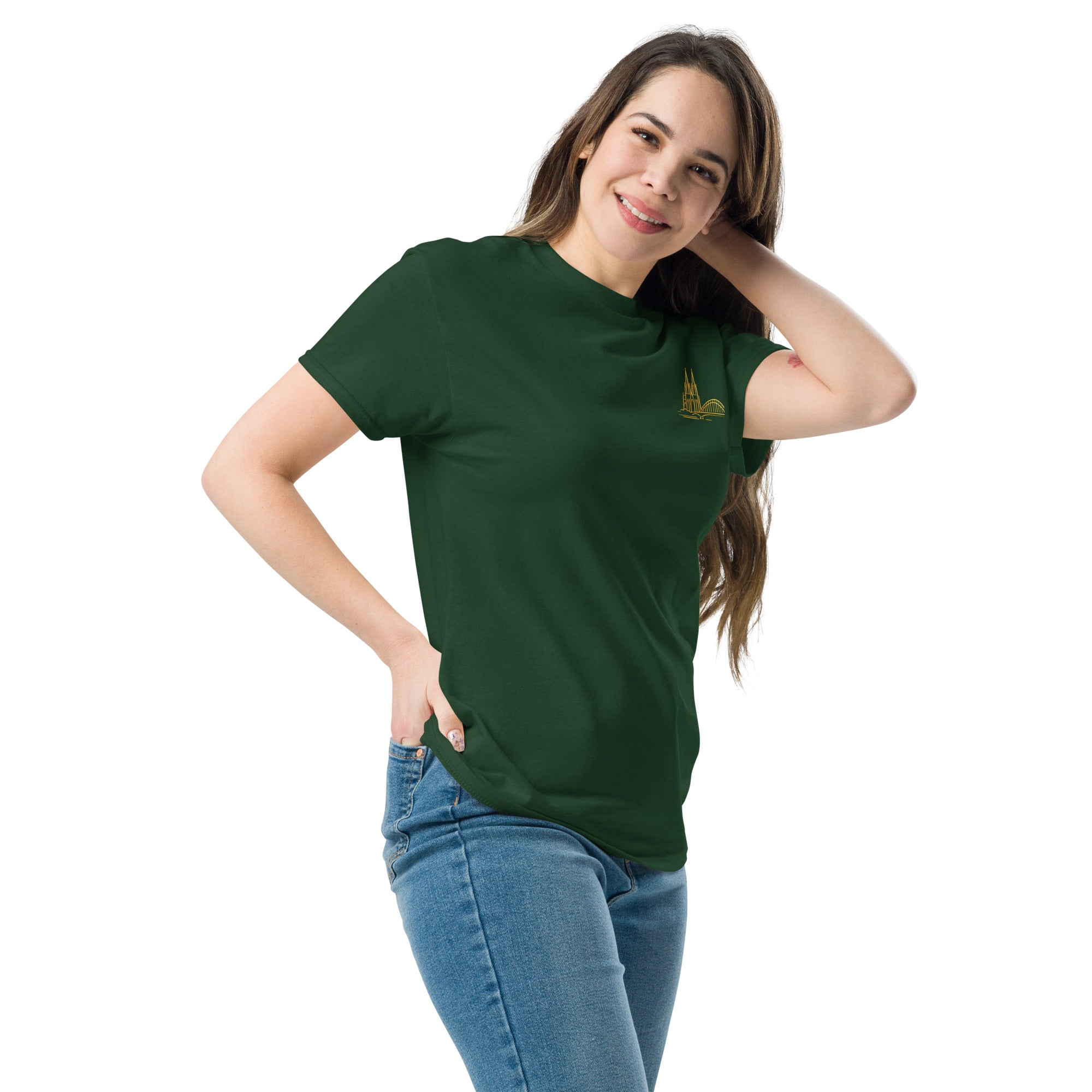 Woman wearing a green t-shirt with a logo on a white background
