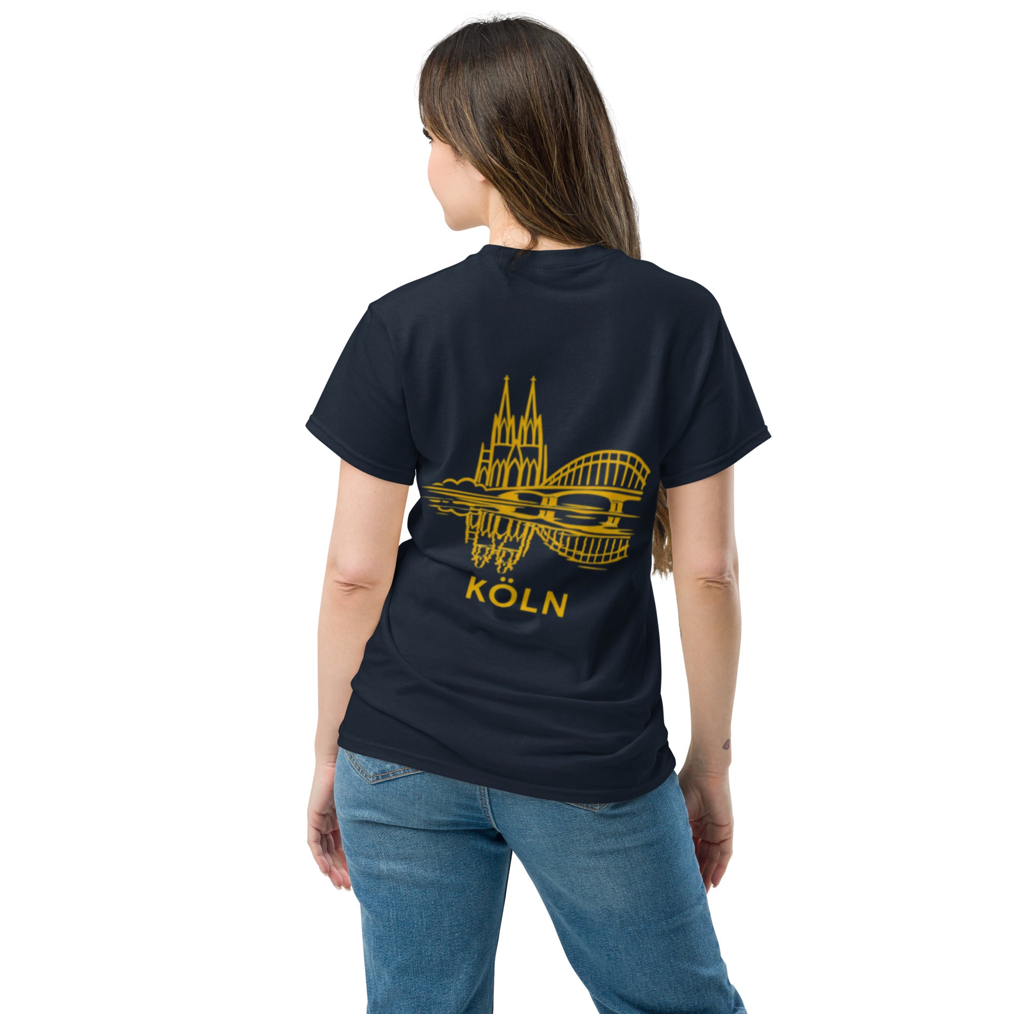 Person wearing a black t-shirt with yellow 'KOLN' design on the back, standing against a white background