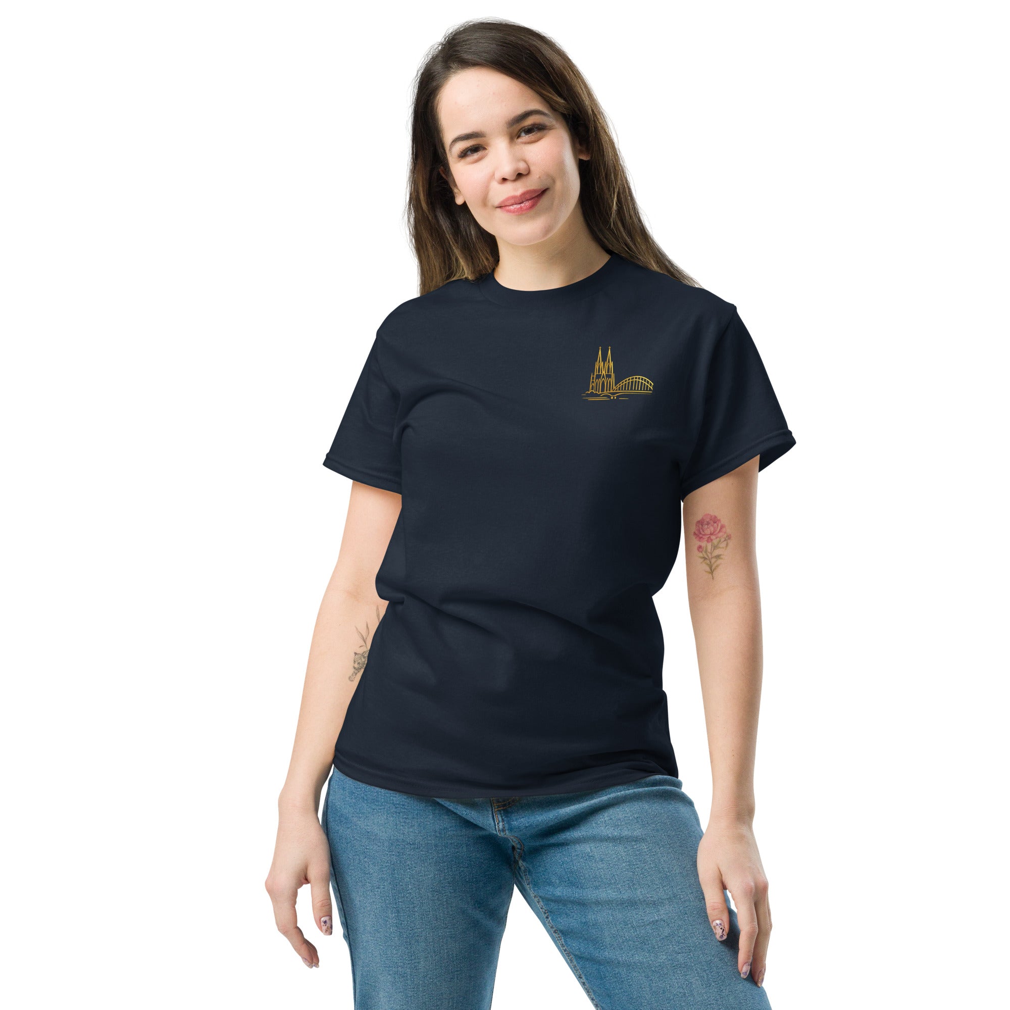 Woman wearing a black t-shirt with a small logo on a white background