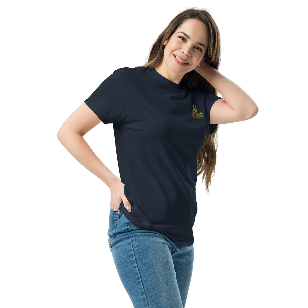 Woman wearing a navy blue t-shirt with a logo on a white background