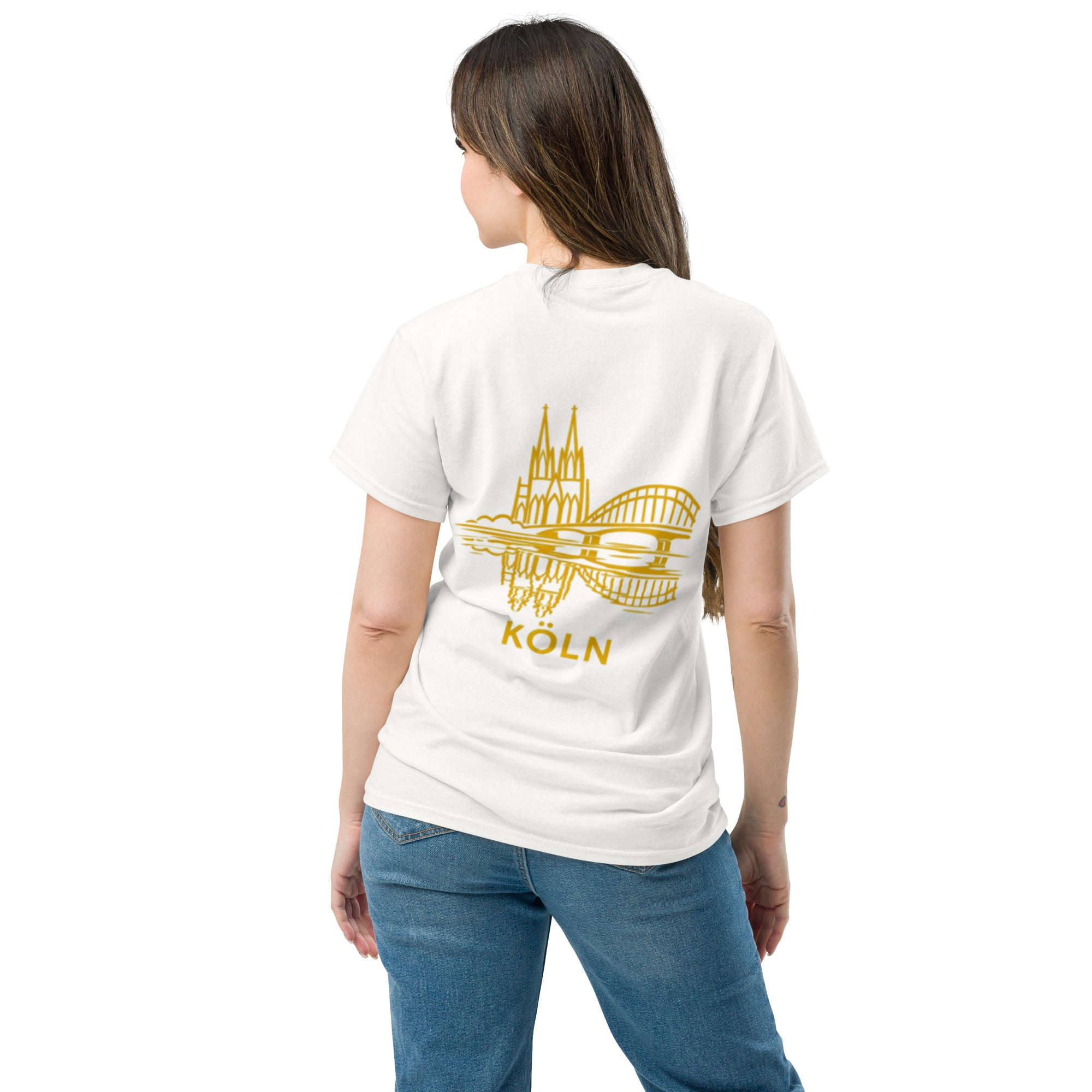 Person wearing a white t-shirt with yellow 'Köln' design on the back, standing against a white background