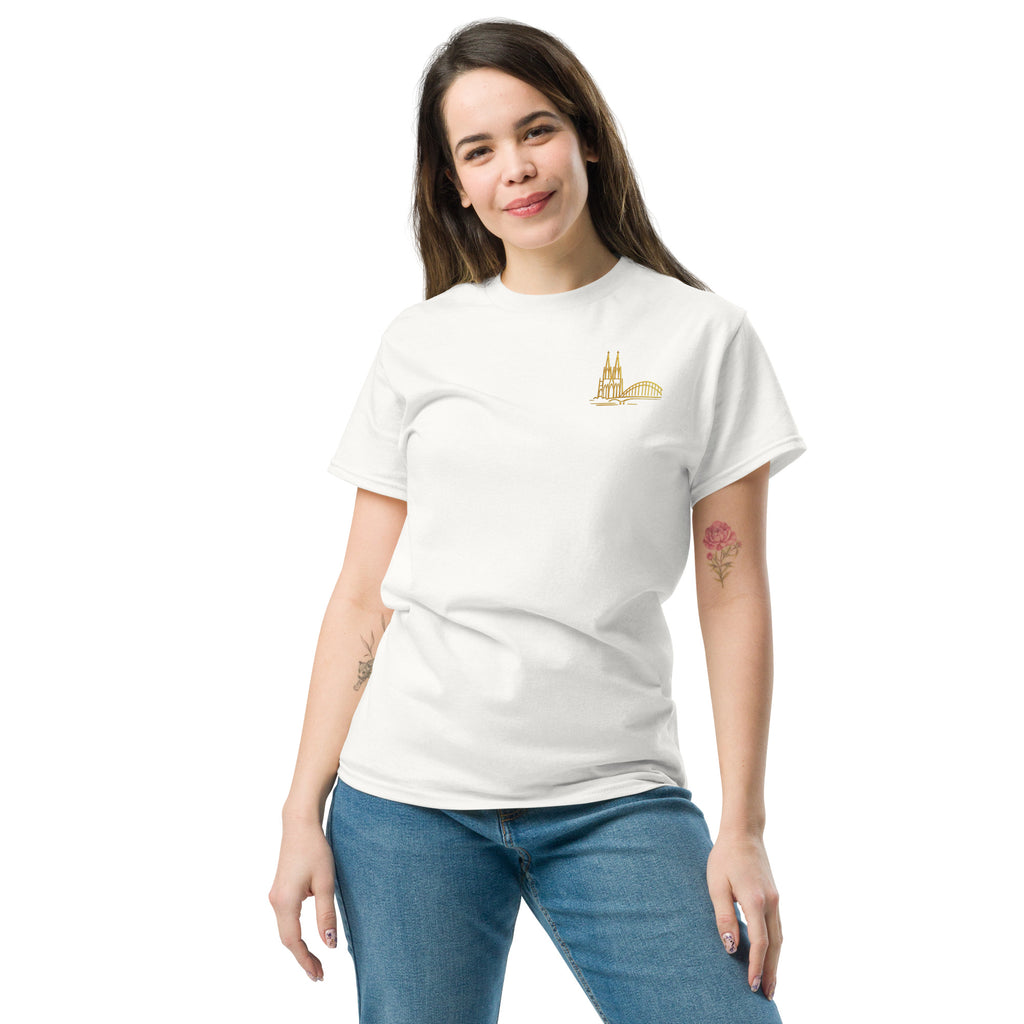 Woman wearing a white t-shirt with a small logo on a white background