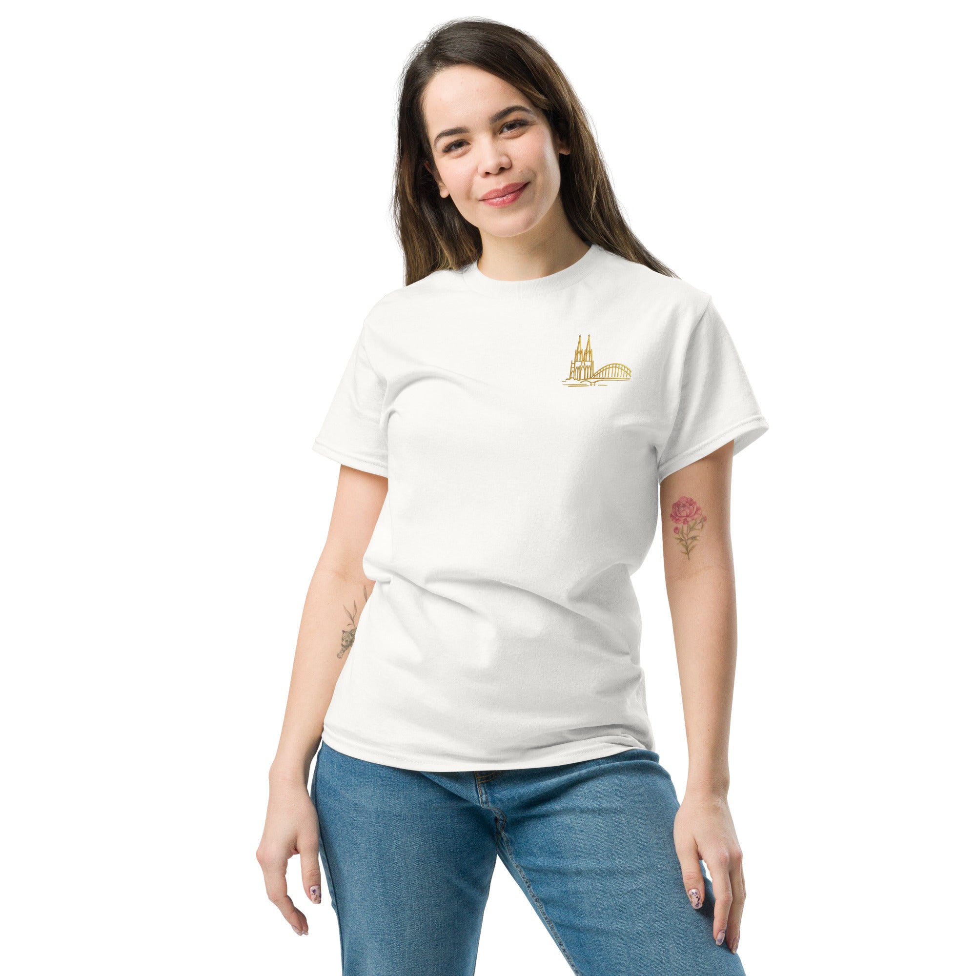 Woman wearing a white t-shirt with a small logo on a white background