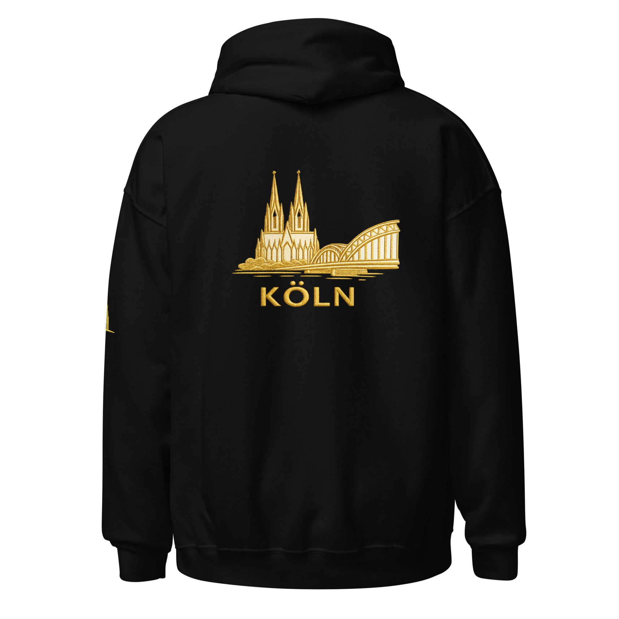 Black hoodie with gold 'Köln' and cathedral design on the back against a white background