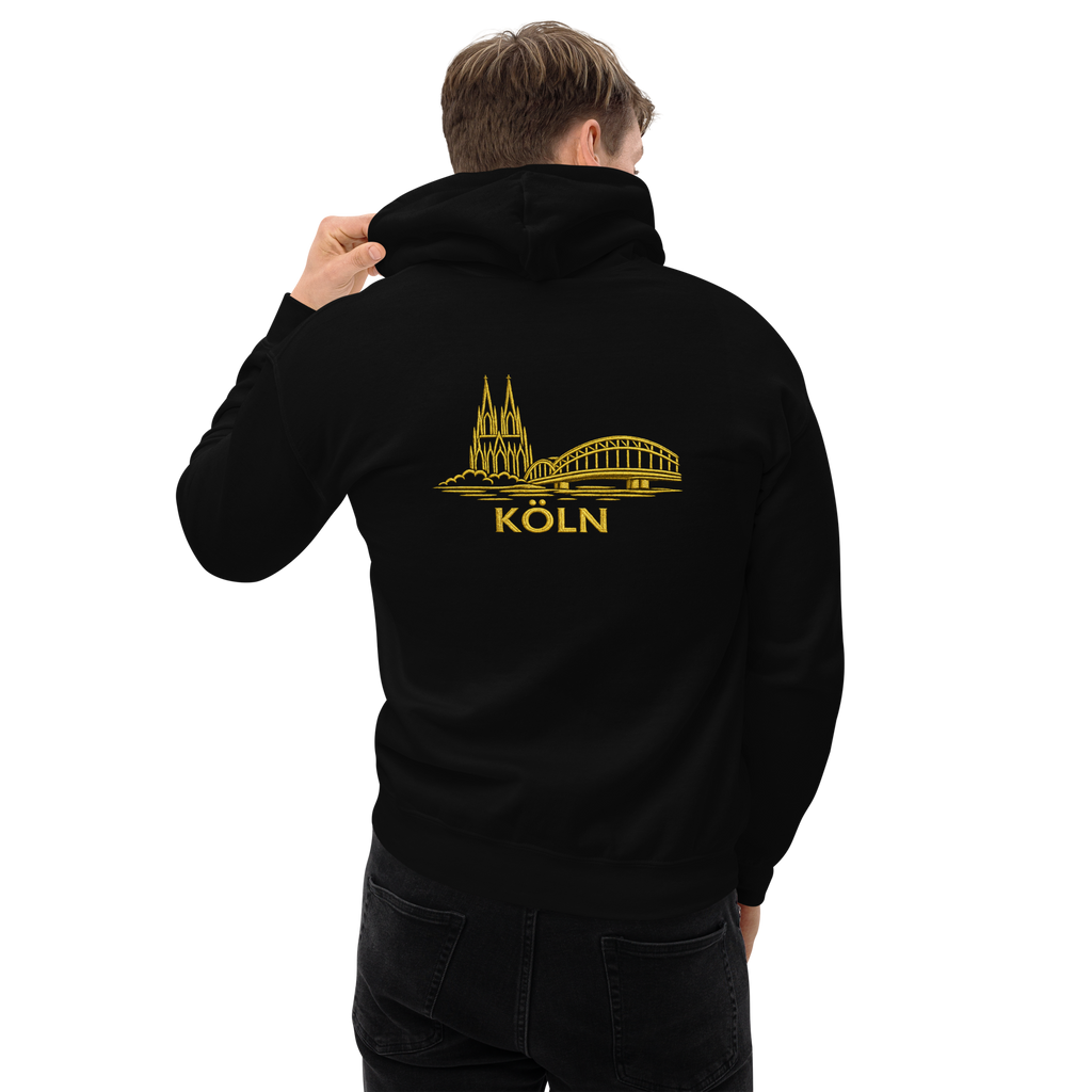Person wearing a black hoodie with gold 'Köln' and cathedral design on the back.