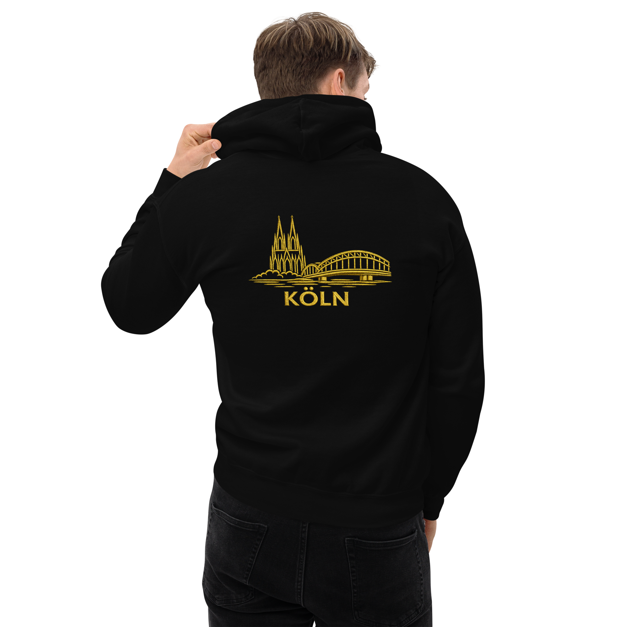 Person wearing a black hoodie with gold 'Köln' and cathedral design on the back.