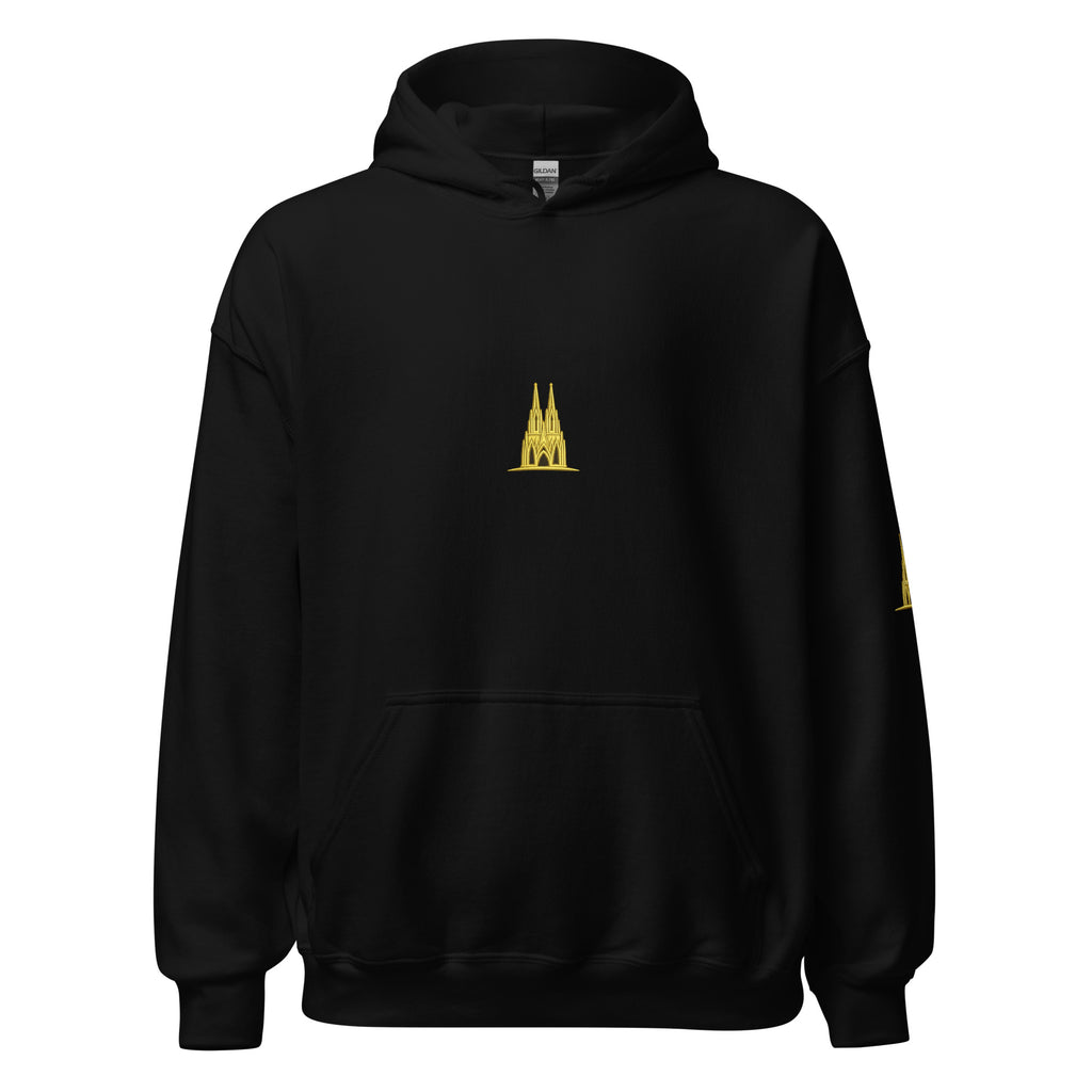 Black hoodie with a gold köln emblem on a white background
