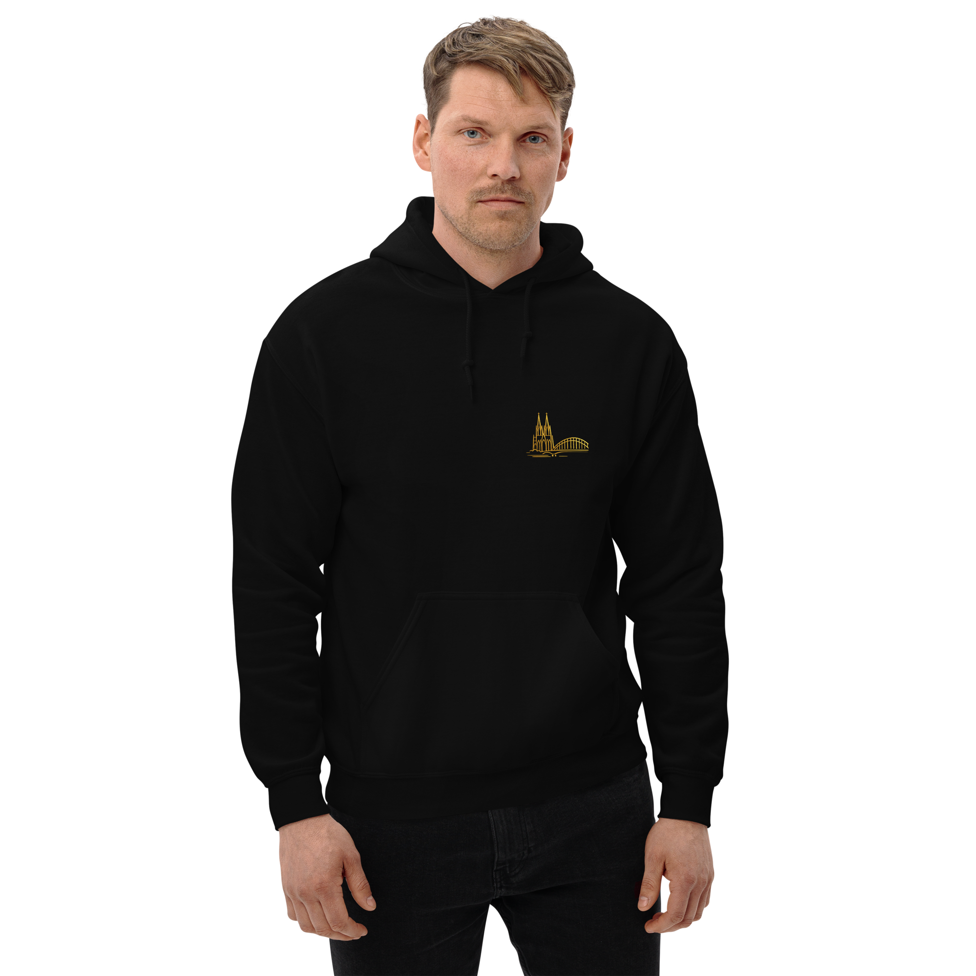 Man wearing a black hoodie with a small logo on a white background