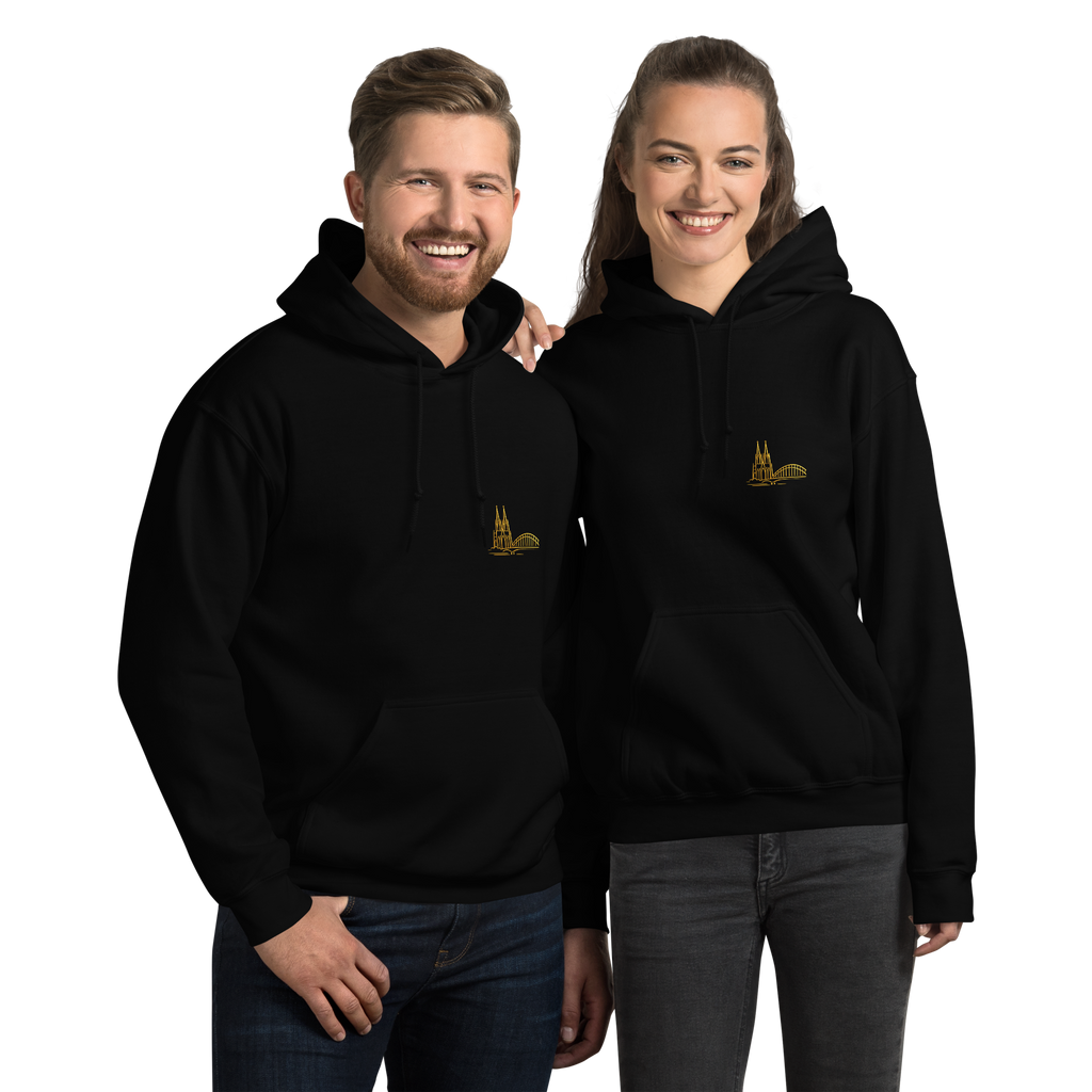 Two people wearing black Köln hoodies with a logo on a white background