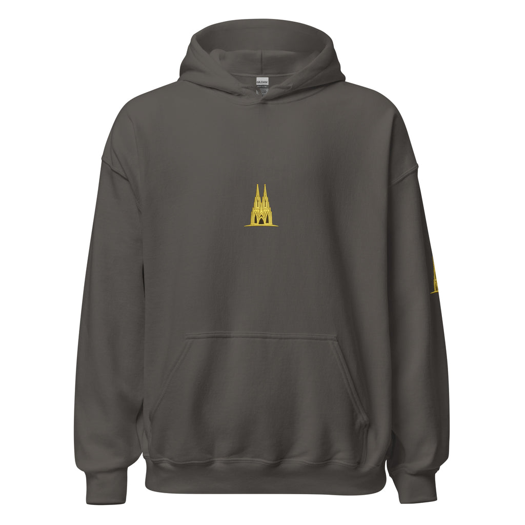 Dark gray hoodie with a gold köln logo on a white background