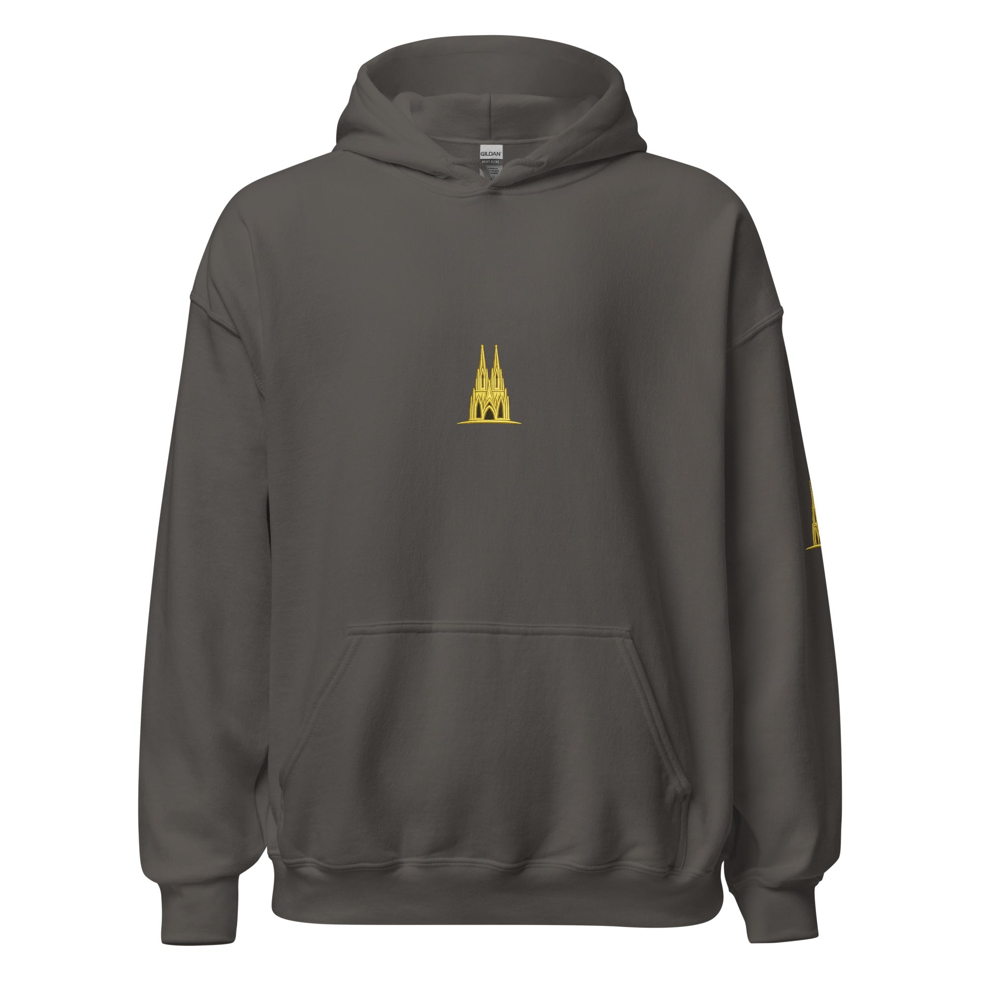 Dark gray hoodie with a gold köln logo on a white background