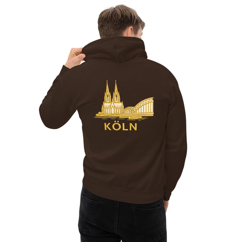 Brown hoodie with gold 'Köln' and cathedral design on the back, worn by a person.