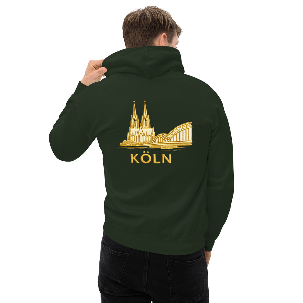 Person wearing a green hoodie with a gold 'Köln' design on the back