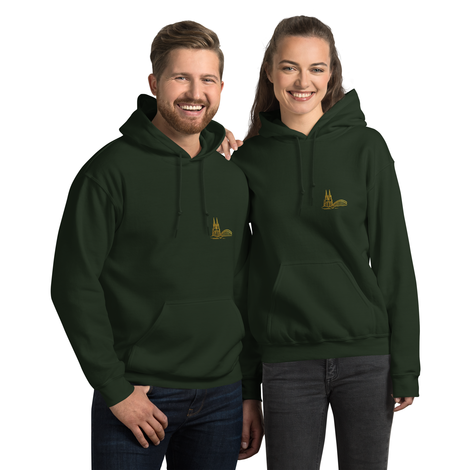 Two people wearing dark green hoodies with a logo on a white background