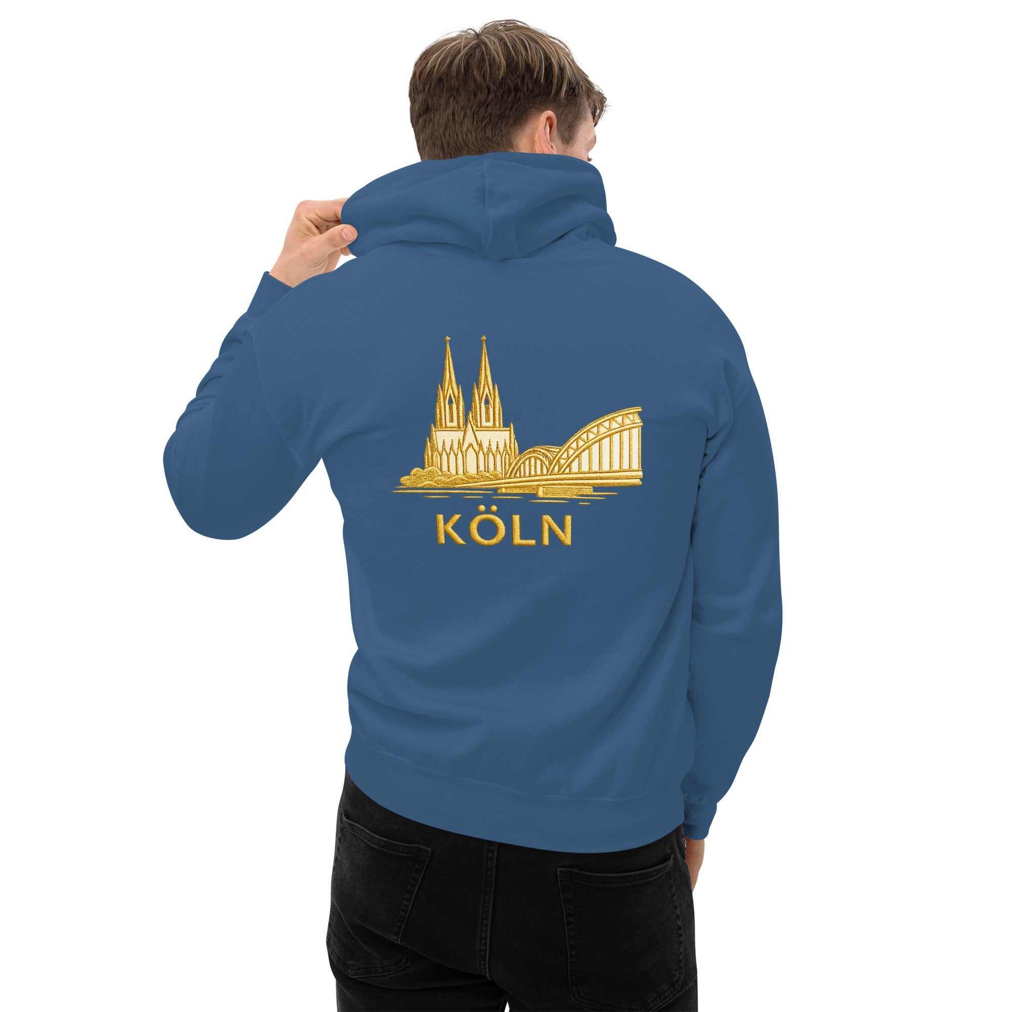 Indigo Blue hoodie with gold cathedral design and 'Köln' text on the back, worn by a person.