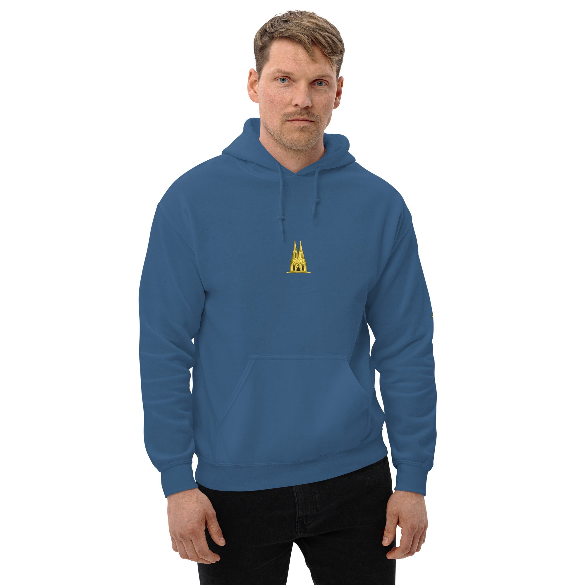 Man wearing a blue hoodie with a golden köln logo on a white background