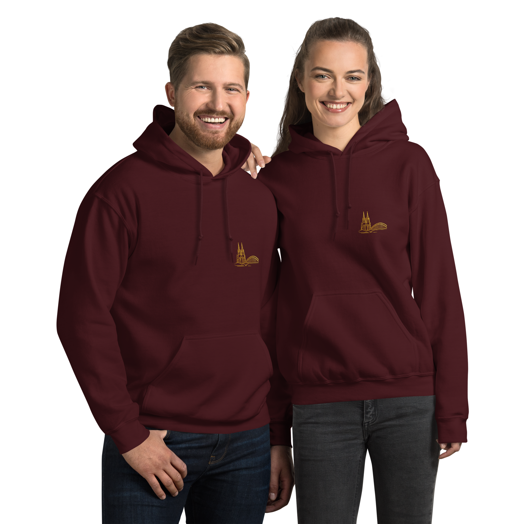 Two people wearing maroon hoodies with a logo on a white background