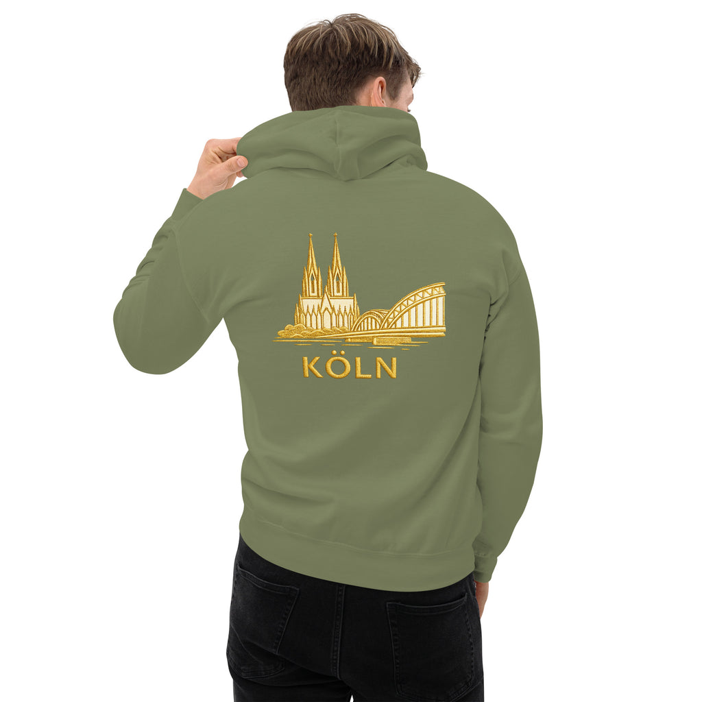 Person wearing a green hoodie with 'Köln' and cathedral design on the back, on a white background