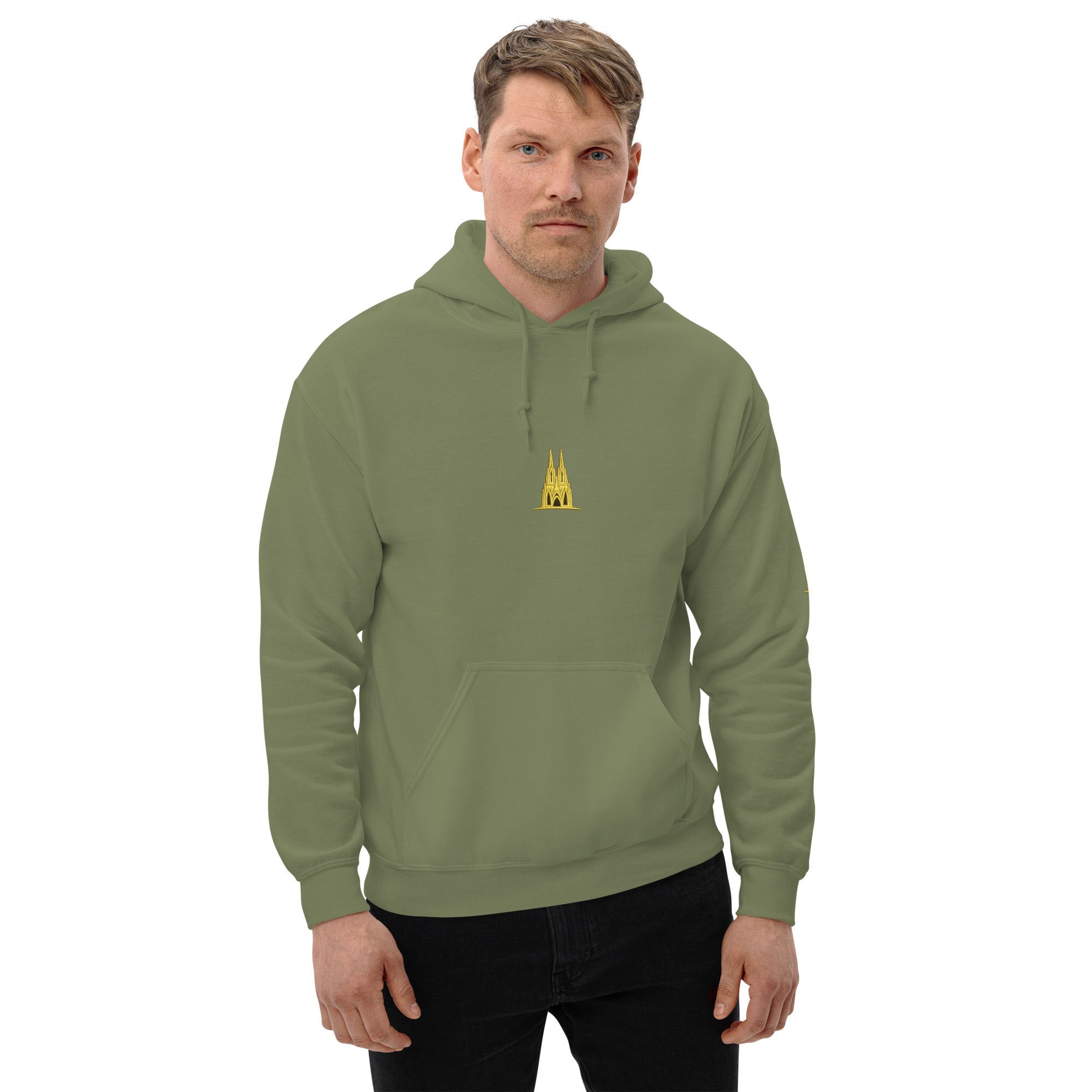 Man wearing a green hoodie with a golden köln logo on a white background