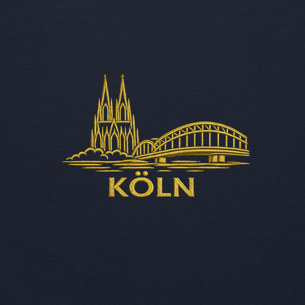 Gold silhouette of a cathedral and bridge with 'Köln' text on a dark blue background