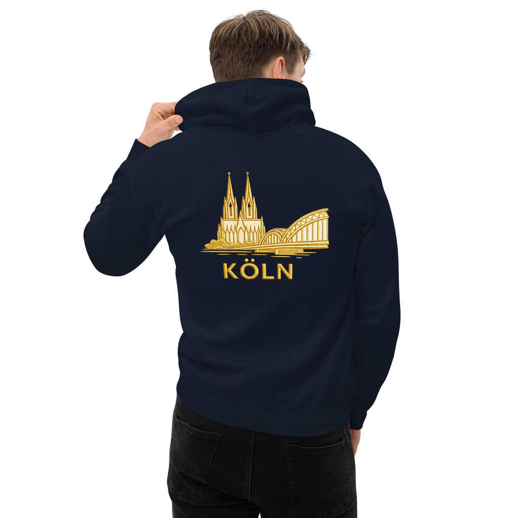 Person wearing a navy hoodie with gold 'Köln' and cathedral design on the back.