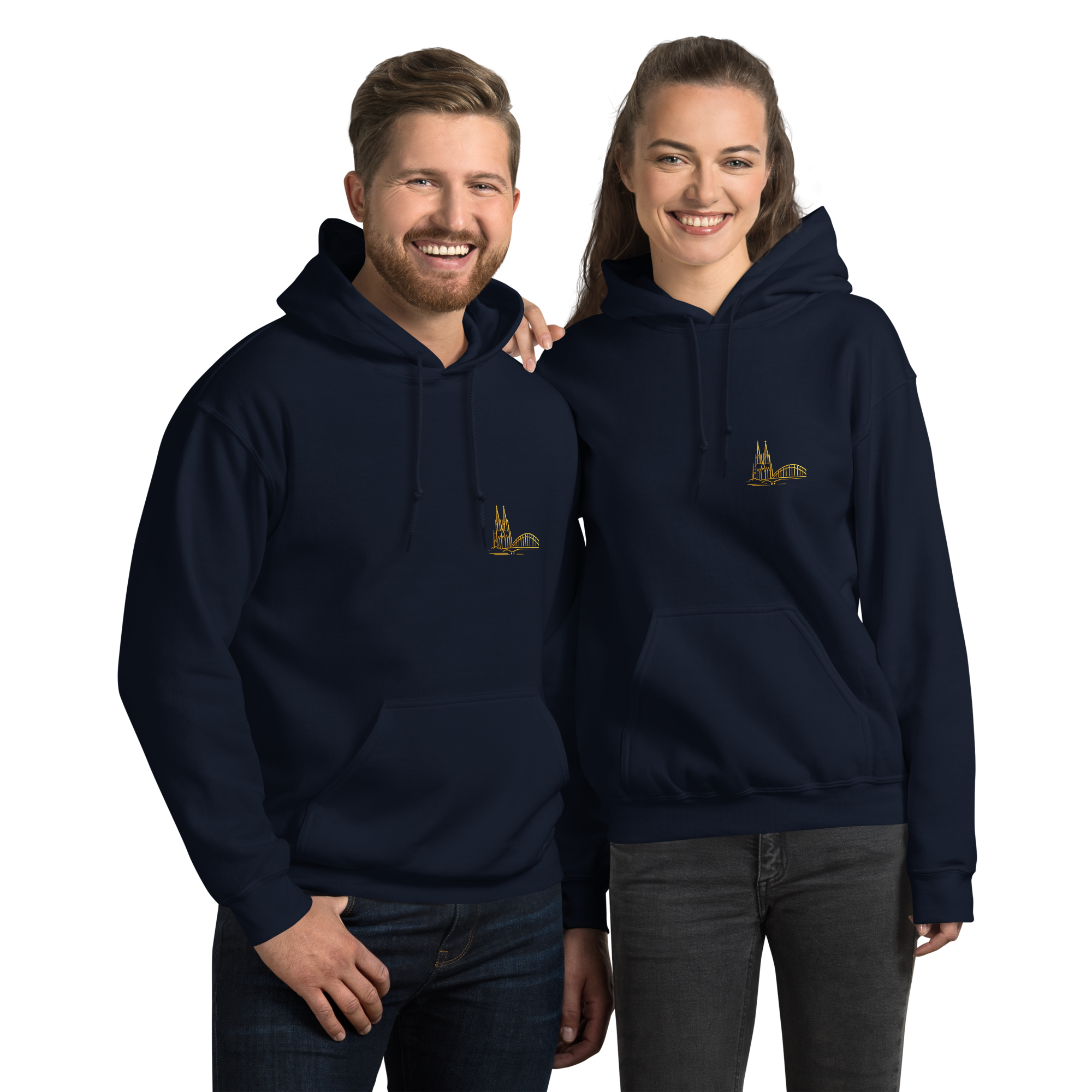 Two people wearing navy blue hoodies with a logo on a white background