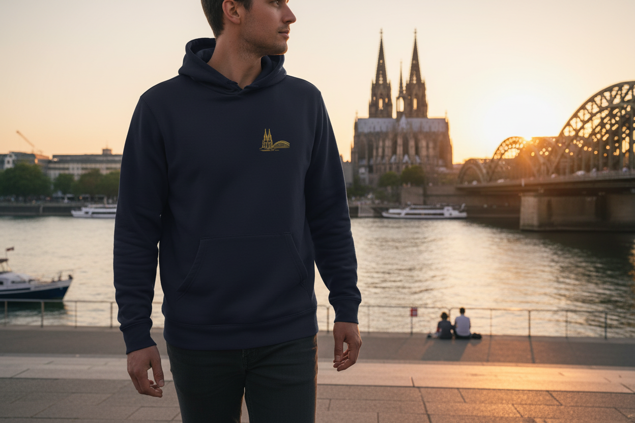 Person wearing a navy hoodie with a logo in an urban setting with a river and bridge.