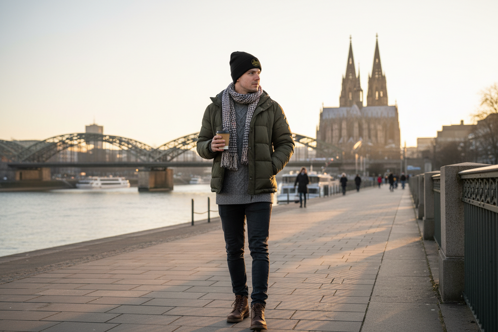 Man walking along a riverbank with a cathedral in the background.Premium winter hat with Cologne Dom cathedral embroidery
