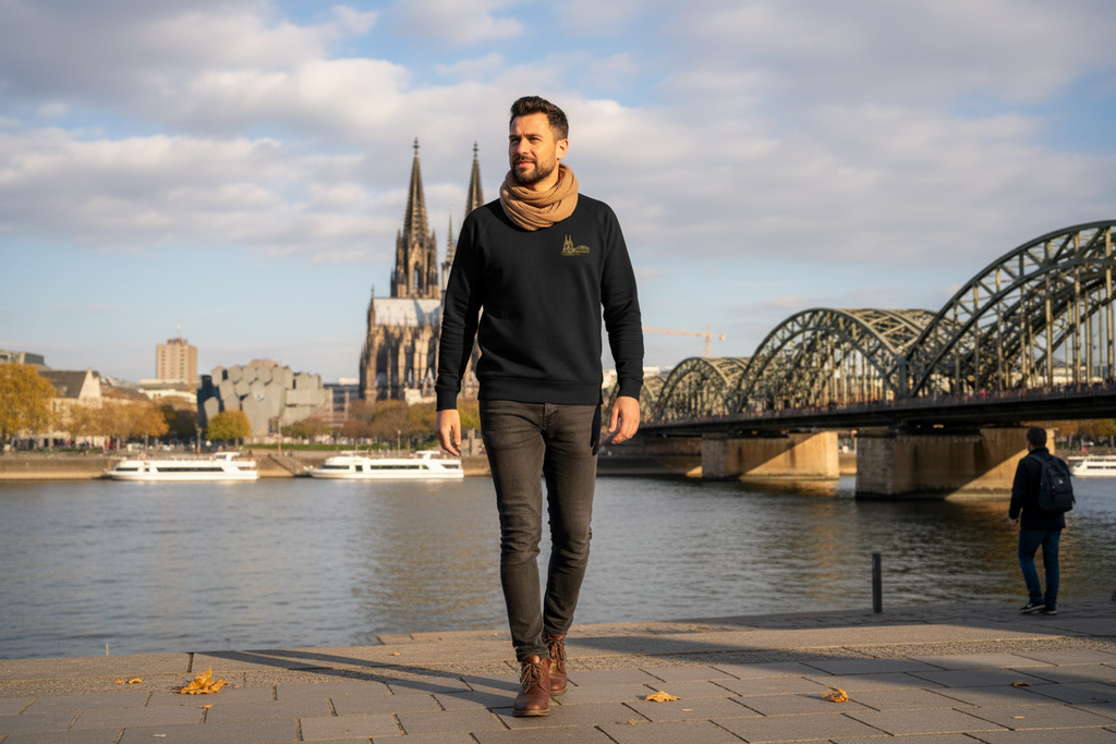 Man walking along a river with a cityscape including a bridge and cathedral in the background.