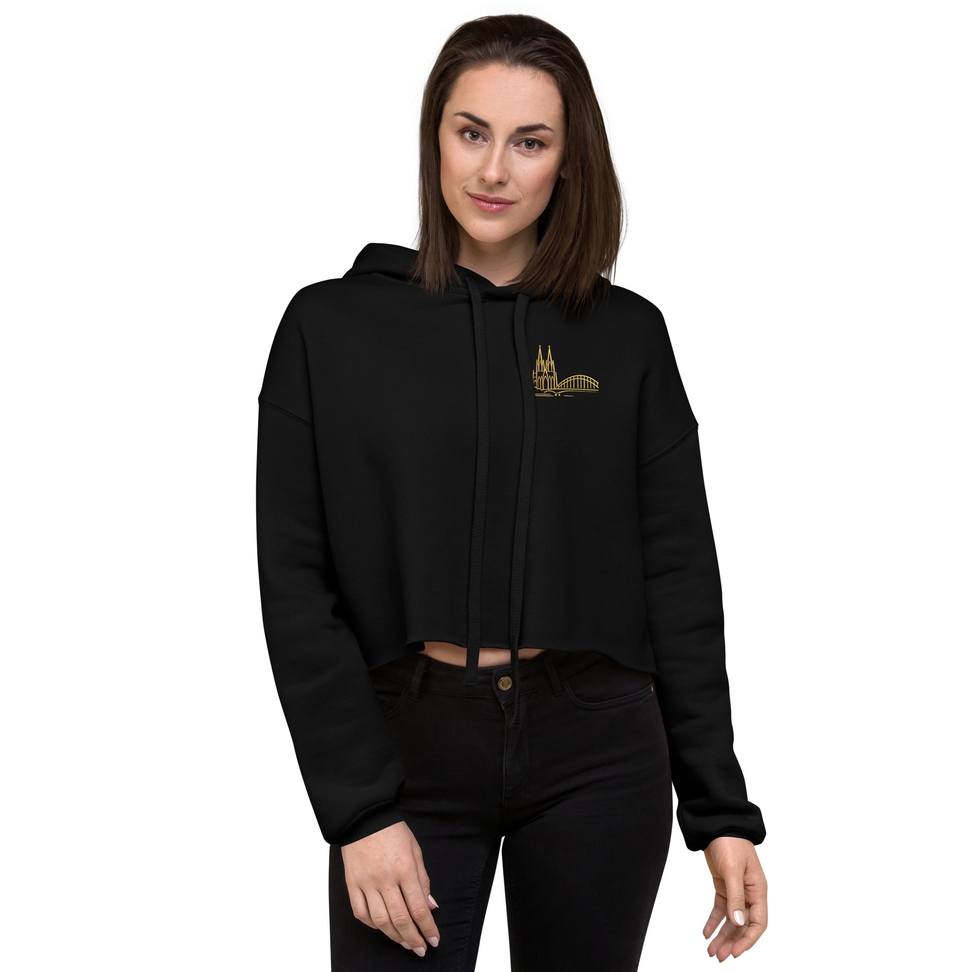Woman wearing a black hoodie with a logo on a white background