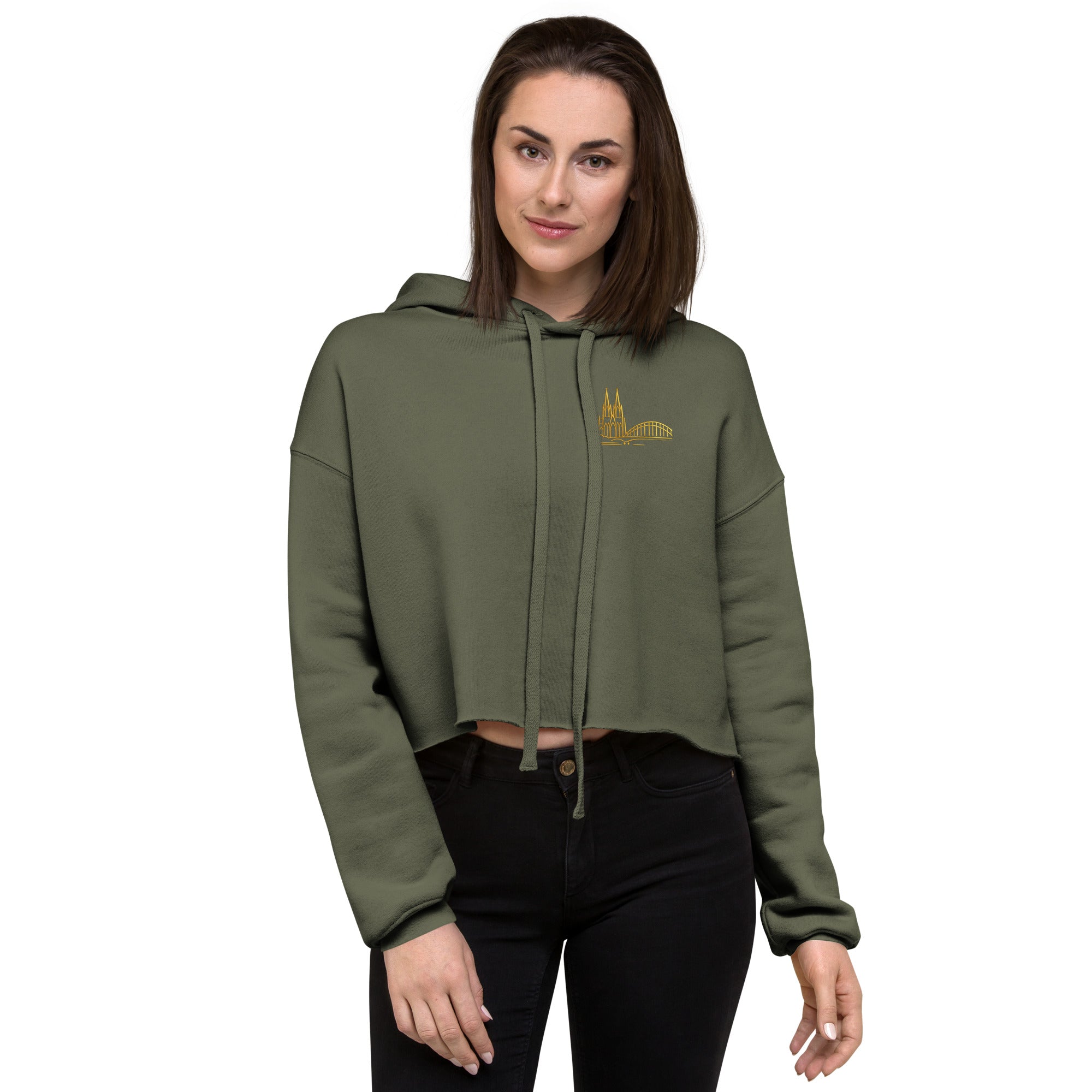 Woman wearing a green hoodie with a logo on a white background