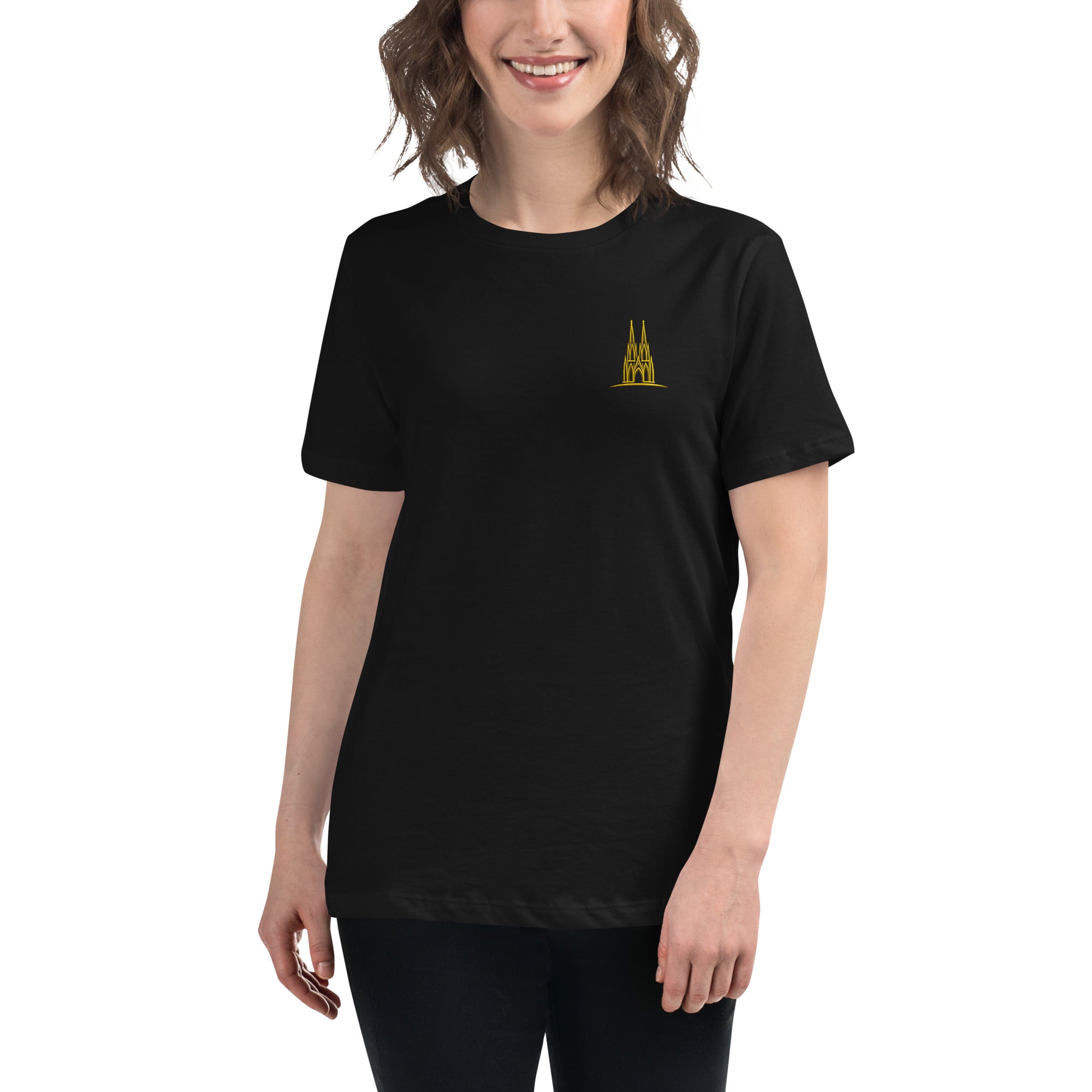 Women's Oversized Köln T-Shirt in Black - Front View Relaxed Boyfriend Fit