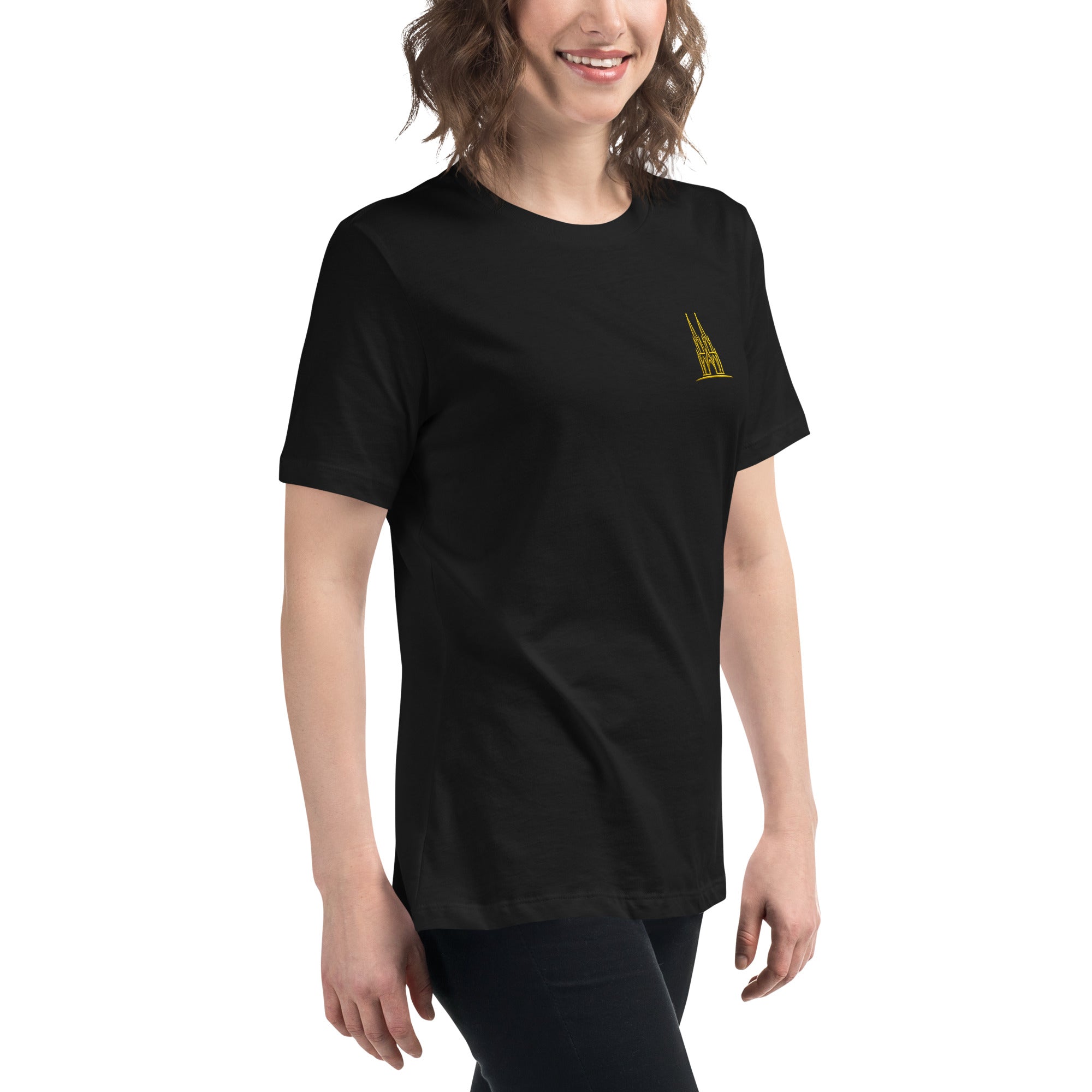 Women's Oversized Köln T-Shirt in Black - Right Front View Comfortable